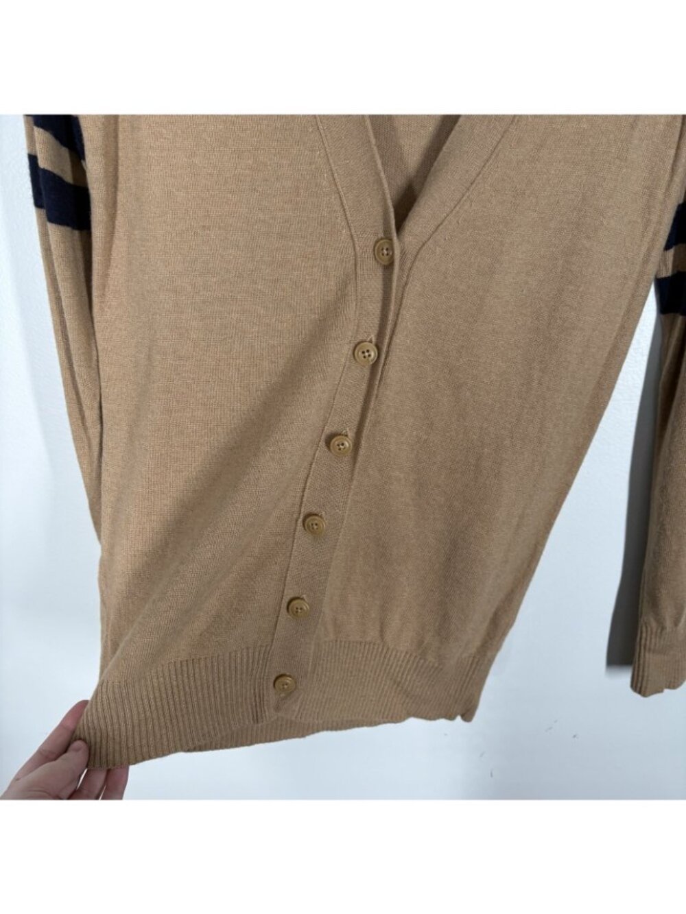 J.Crew Factory Women XS Camel Navy Merino Wool Blend Preppy Varsity Cardigan NWT - Picture 3 of 11